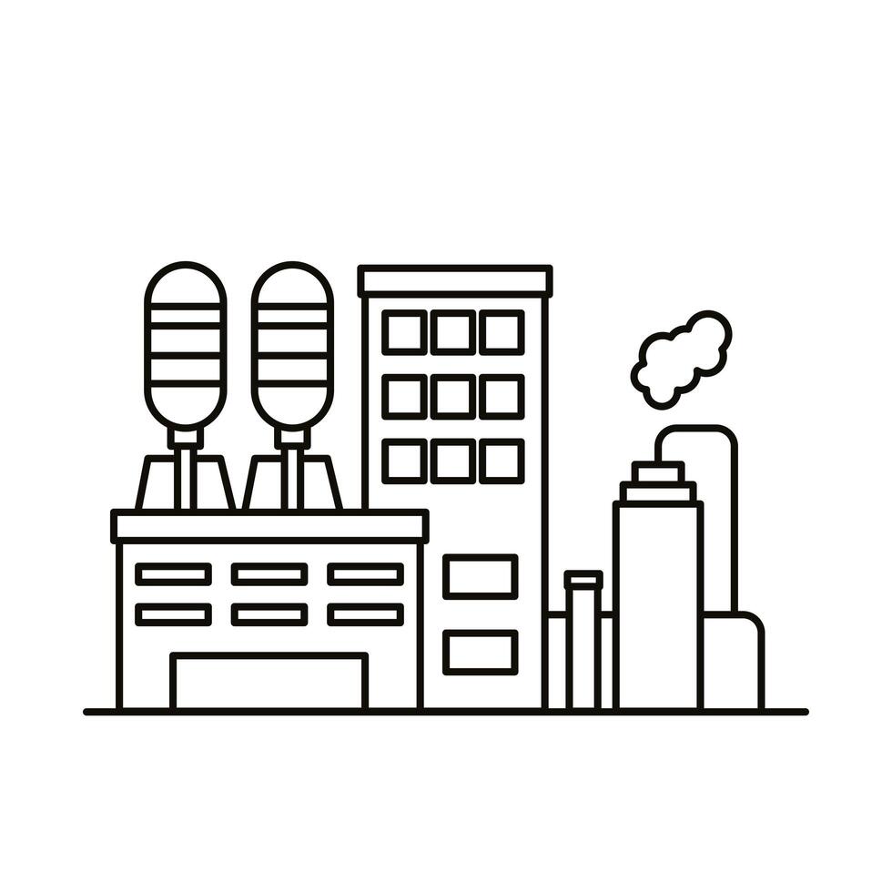 industry factory buildings and chimneys line style icons vector