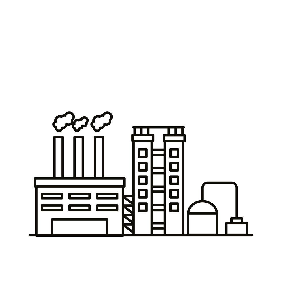 industry factory buildings and chimneys line style icons vector