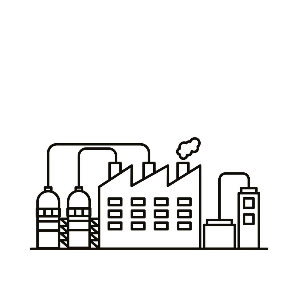 industry factory buildings and chimneys line style icons vector