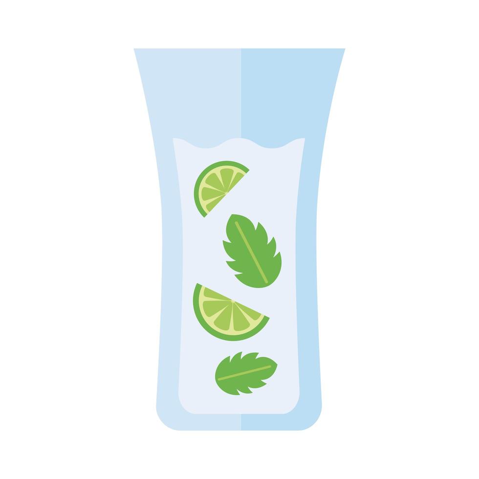 vaso con bebida de limón y hojas de menta icono de estilo plano vector