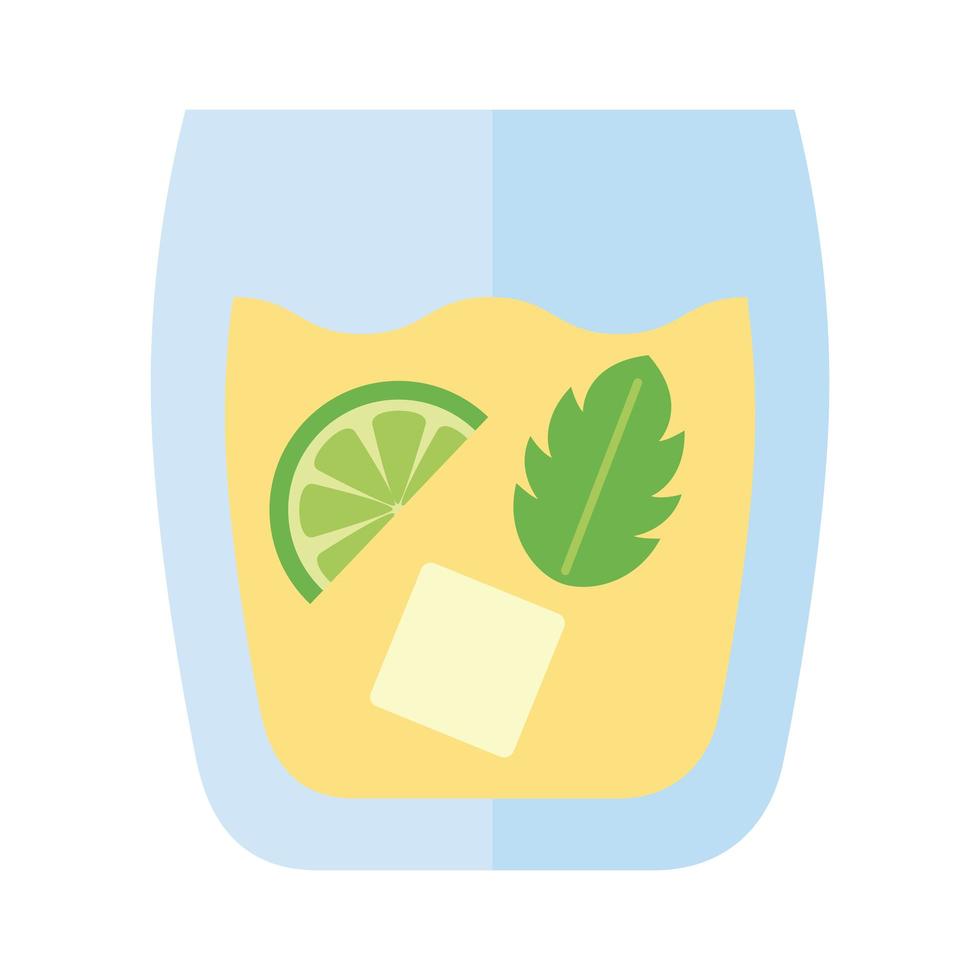 vaso con bebida de limón y hojas de menta icono de estilo plano vector