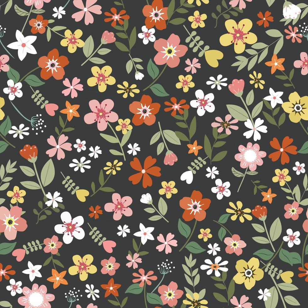 Sweet blossom and green leaf on black background seamless pattern vector