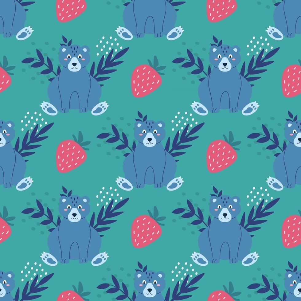 lindo oso gracioso en azul con fresas y plantas sobre un fondo verde patrón transparente de vector en estilo de dibujos animados plana decoración para niños carteles postales ropa y decoración de interiores