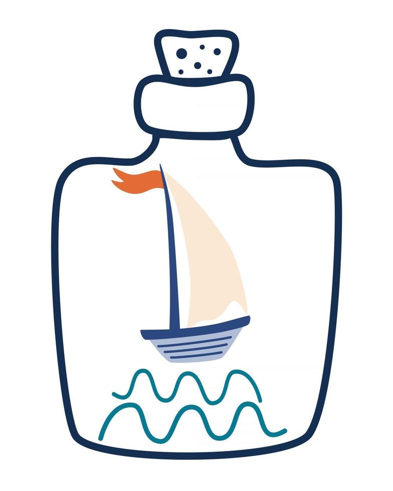 Ship in a bottle Summer vacation concept Travel sea voyage adventure concept Template for cards tshirt prints summer holidays Bottle with a ship inside Vector flat marine illustration