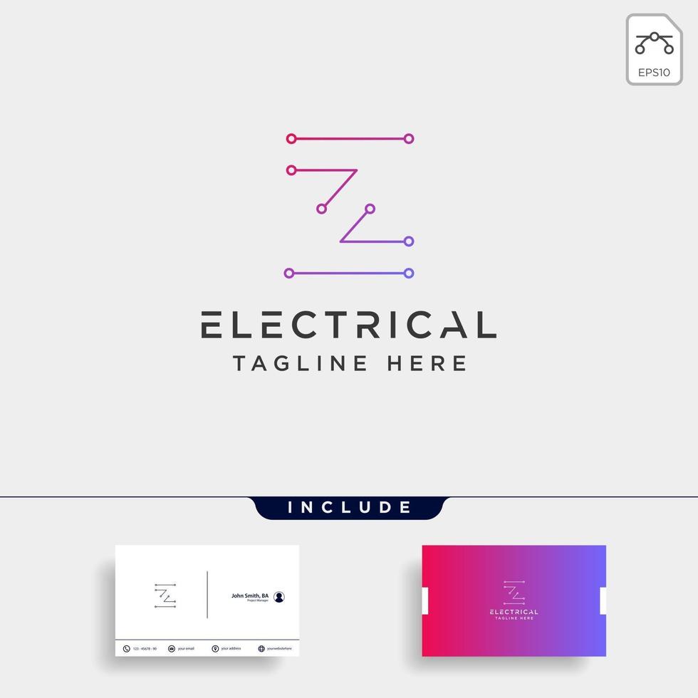 Conexión o elemento de icono de vector de diseño de logotipo de z eléctrico aislado con tarjeta de visita incluye