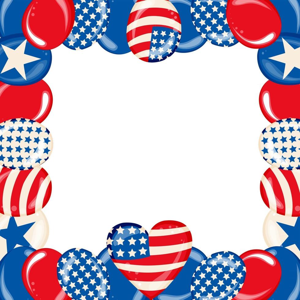 Happy Fourth of July Independence Day Poster with Shiny USA Flag Colored Balloons on White Background with Square Frame Vector illustration