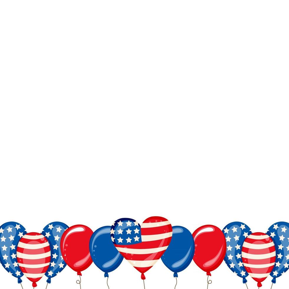 4th of July USA independence day celebration background with balloons flag and confetti Festive border flat lay Vector illustration