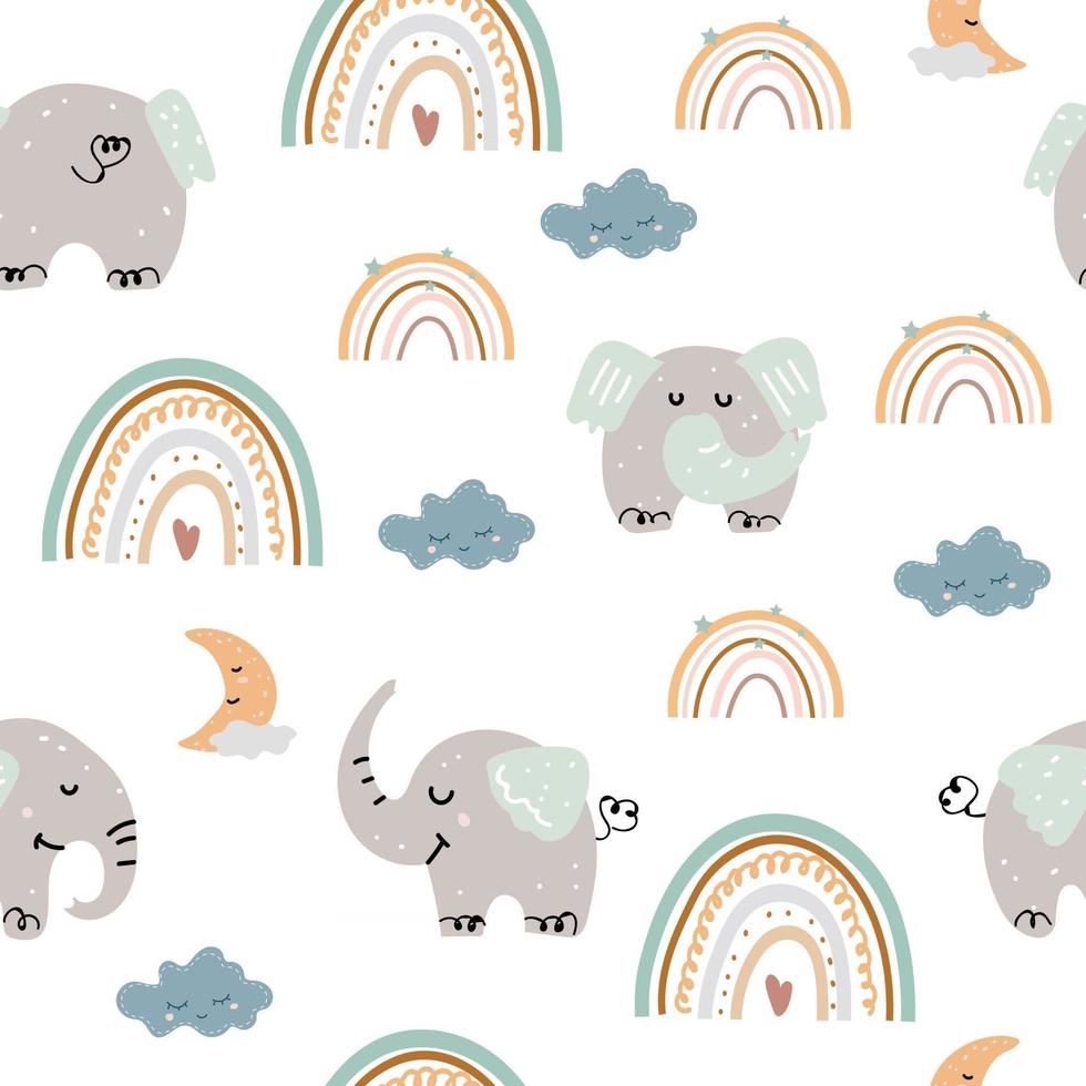 Seamless pattern with elephants and boho rainbows vector