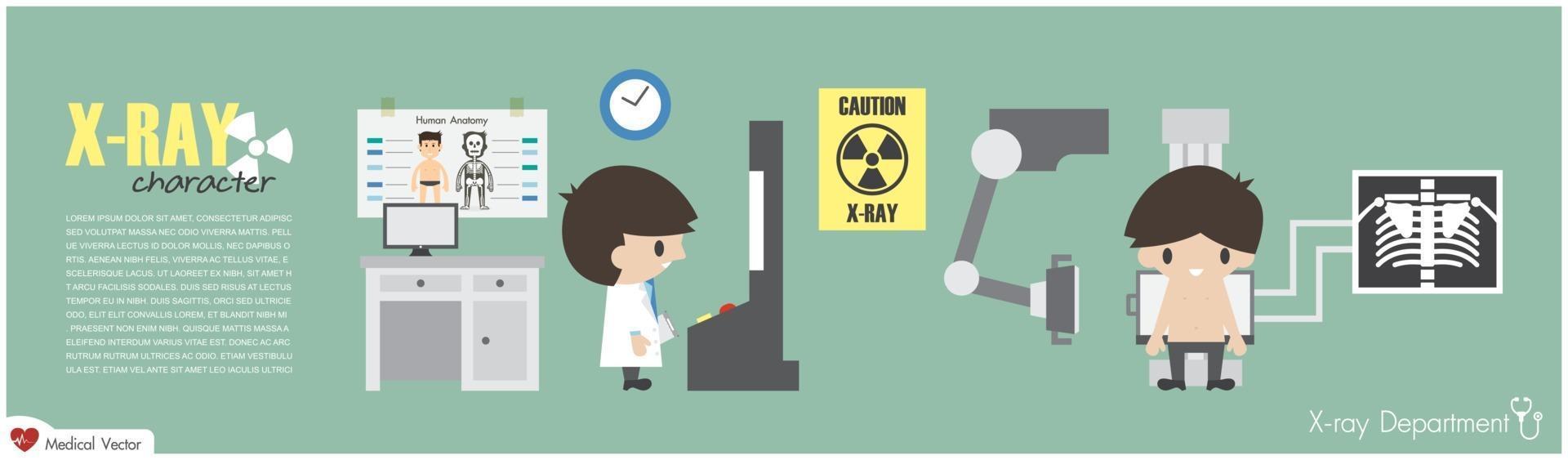 El tecnólogo radiológico del departamento de rayos X está obteniendo imágenes en el pecho del diseño plano vectorial del paciente vector