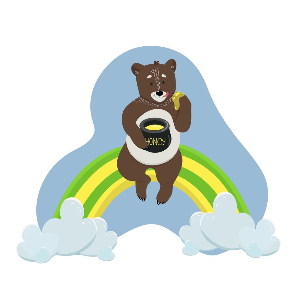 Cute bear sitting on a rainbow and holding a pot of honey in his paws childrens vector illustration in cartoon style flat isolate