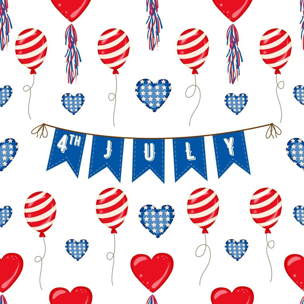 Banner balloons hearts bunting Or Flags In Red White And Blue Patriotic Colors seamless pattern vector