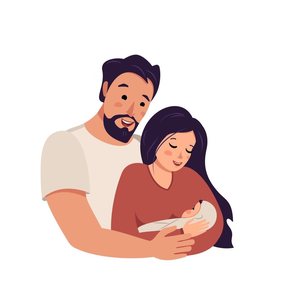 The husband hugs his wife with the baby in her arms Happy mother family children day Mom and Dad are happy and smiling The family cares and loves the newborn vector