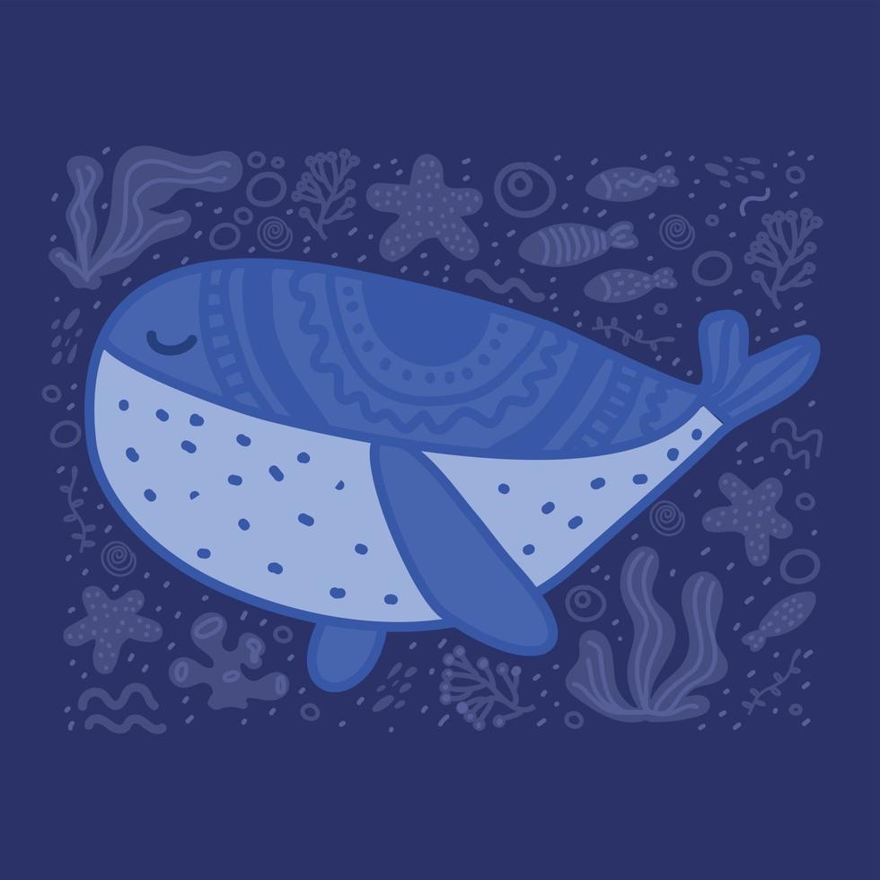 lindo póster de guardería con ballena en estilo escandinavo personaje de animal marino estampado infantil para guardería póster de ropa para niños postal con letras a mano estilo escandinavo doodle animal vector