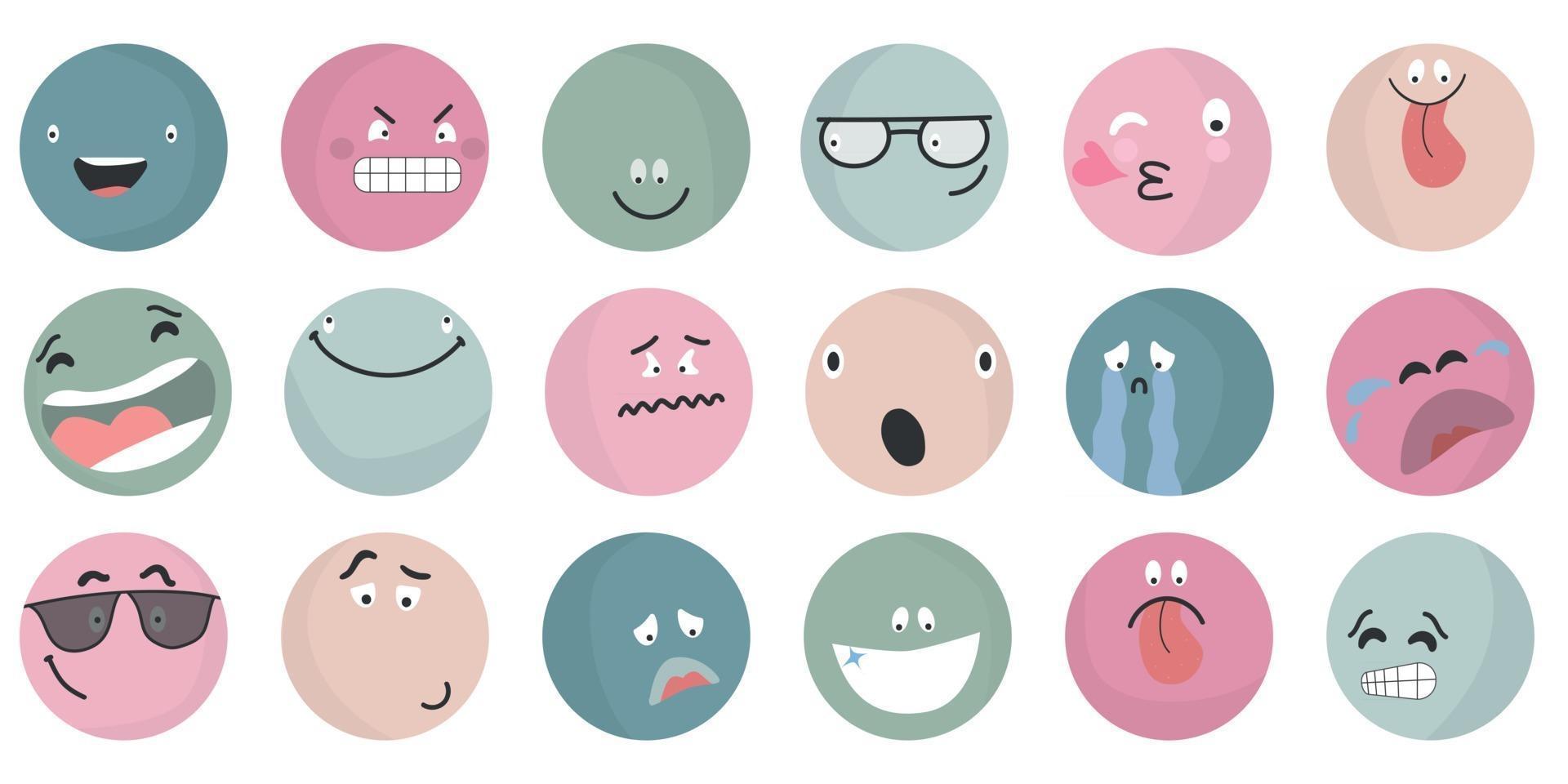 Round abstract comic Faces with various Emotions  Different colorful characters Cartoon style Flat design Emoticons set Emoji faces emoticon smile digital smiley expression emotion feelings chat messenger cartoon emotes vector