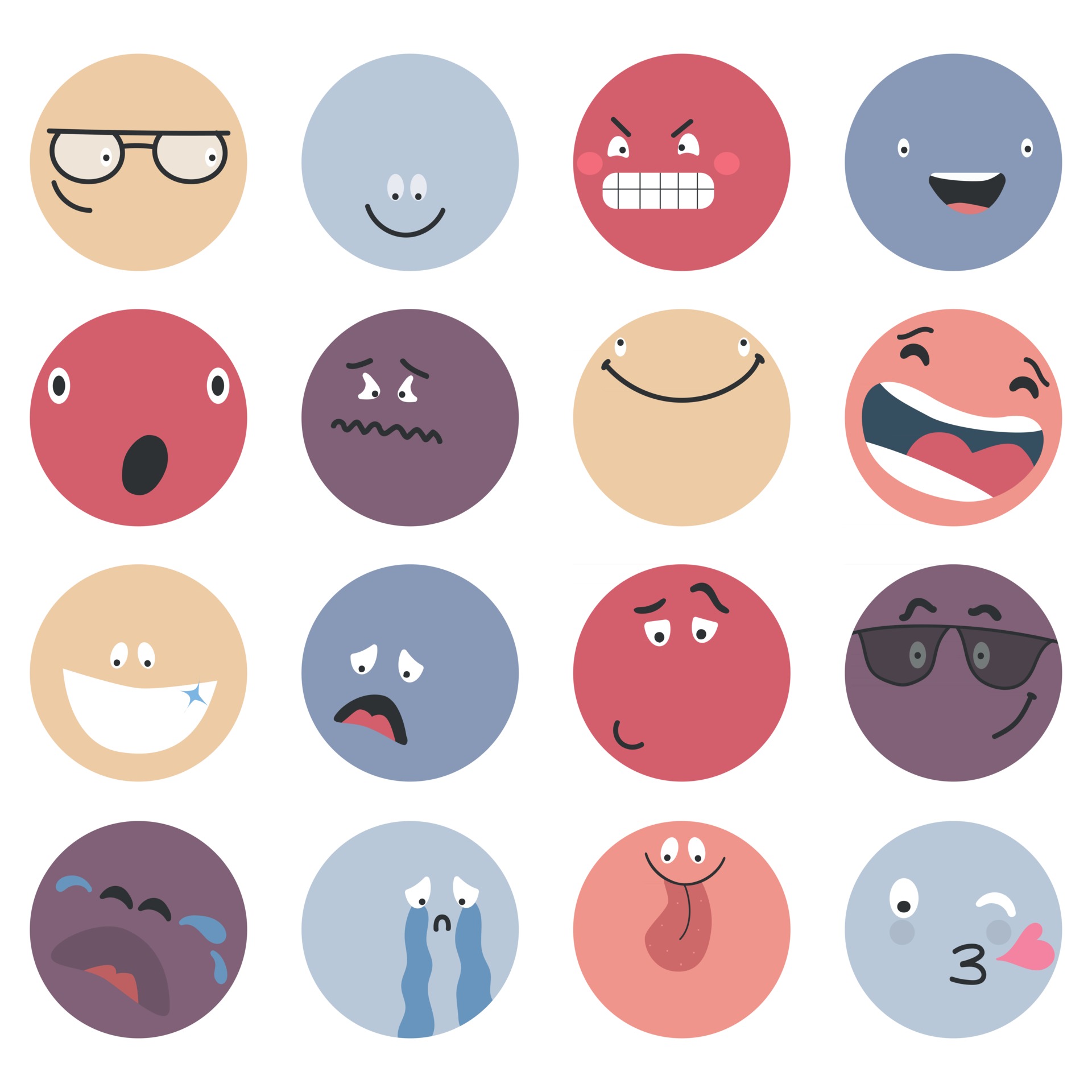 Round abstract comic Faces with various Emotions Different colorful  characters Cartoon style Flat design Emoticons set Emoji faces emoticon  smile digital smiley expression emotion feelings chat messenger cartoon  emotes 2517126 Vector Art