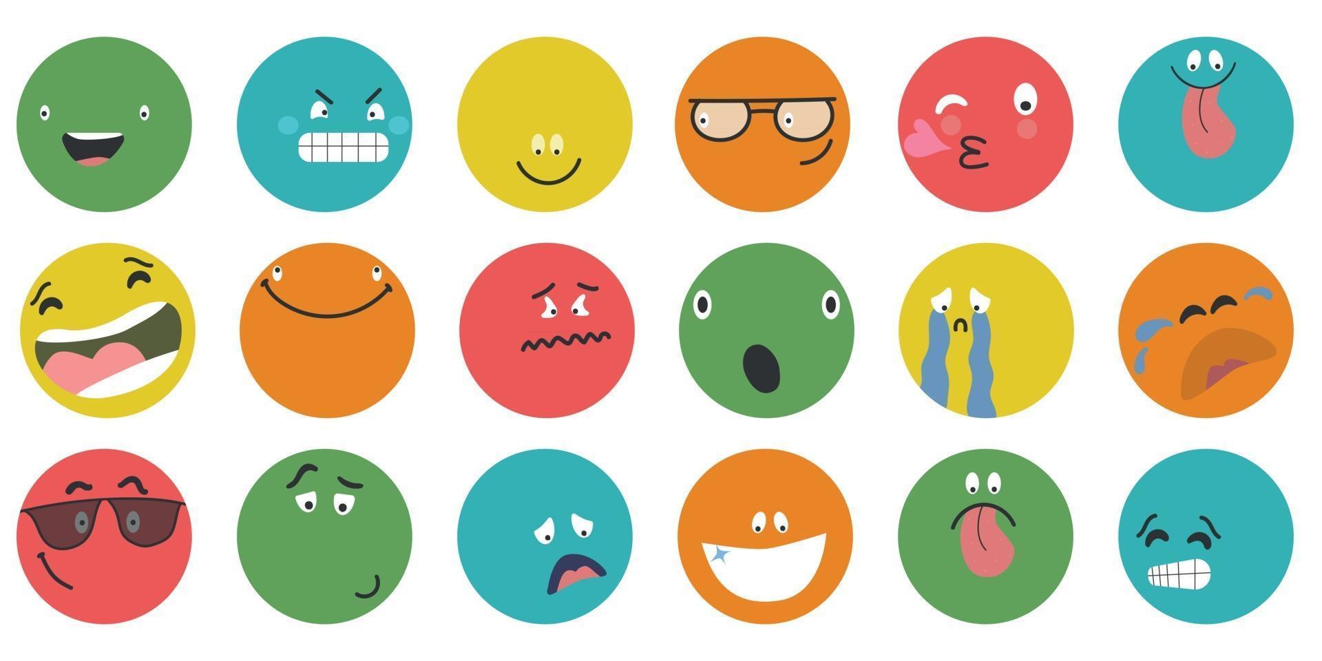 Round abstract comic Faces with various Emotions  Different colorful characters Cartoon style Flat design Emoticons set Emoji faces emoticon smile digital smiley expression emotion feelings chat messenger cartoon emotes vector