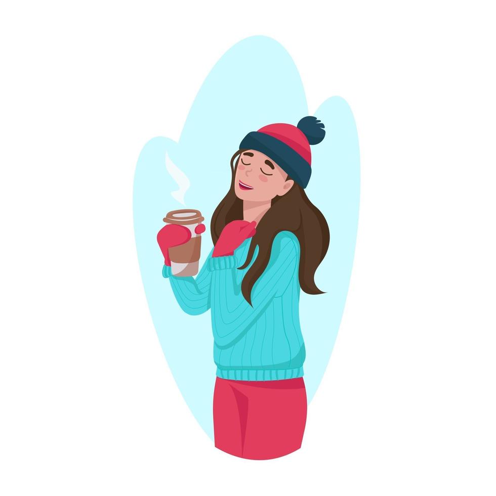 niña feliz en un sombrero de invierno y guantes sosteniendo café y disfrutando de la vida ilustración de vector de carácter de invierno sobre un fondo blanco en estilo plano aislado