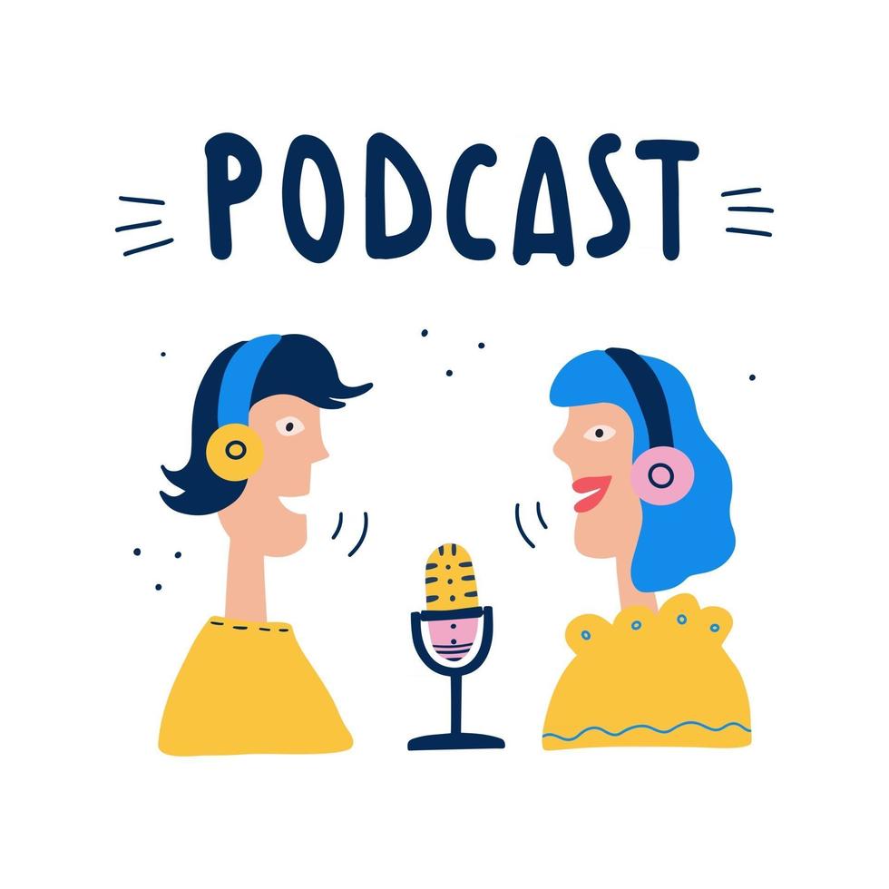 Radio show or audio blog podcast concept Radio presenters in headphones in studio flat vector illustration Media hosting doodle drawing Female and male podcaster talking into microphone radio presenters at workplace isolated cartoon character
