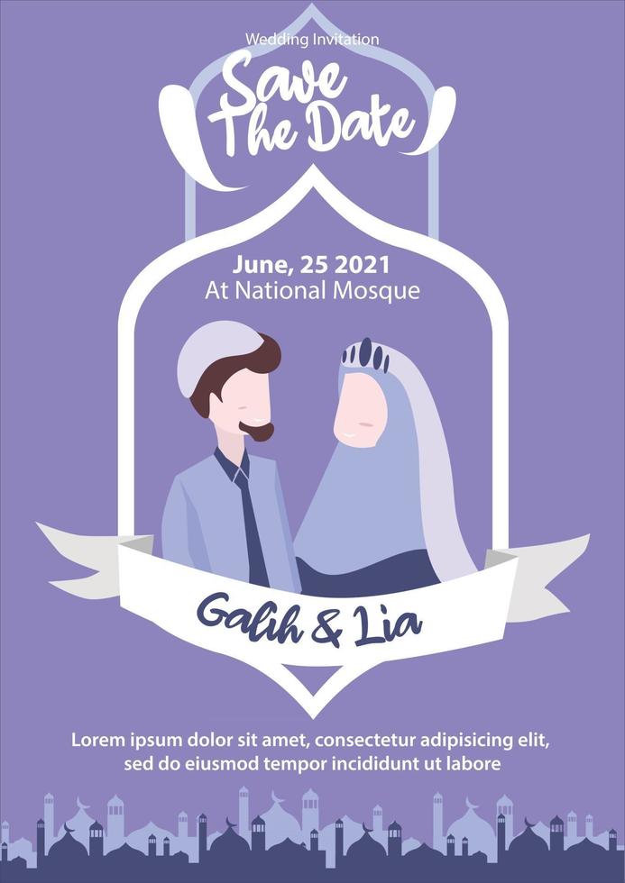 ilustración de pareja musulmana para invitación de boda mezquita islámica hijab púrpura guardar la fecha vector