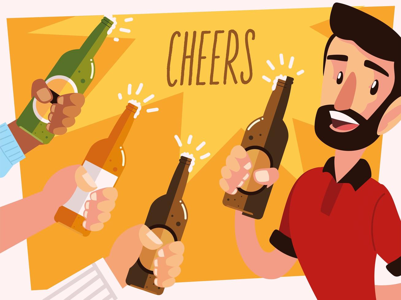 man with a beer glass and cheering hands with bottles vector