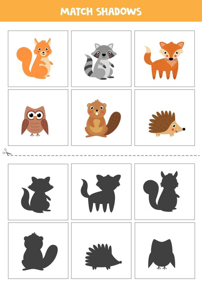 encontrar sombras de lindos animales del bosque tarjetas para niños vector