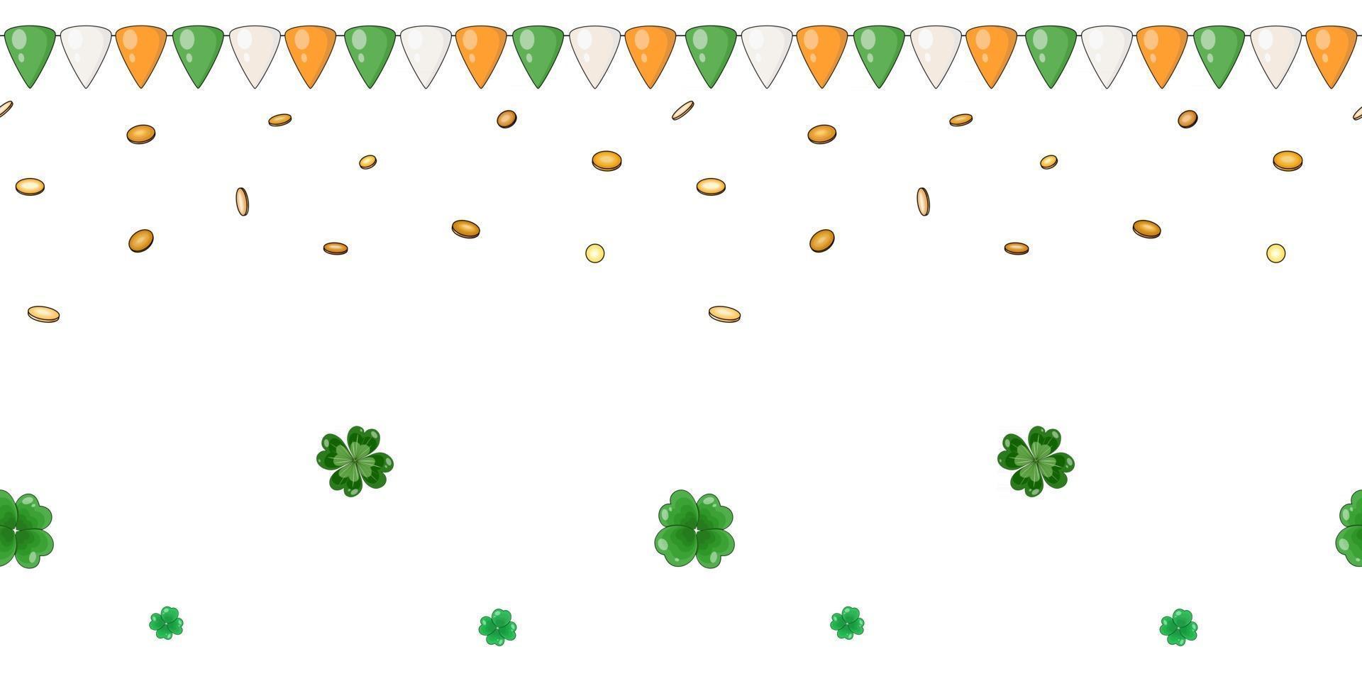 Vector seamless pattern for St Patricks Day Ireland triangular flags and falling gold coins