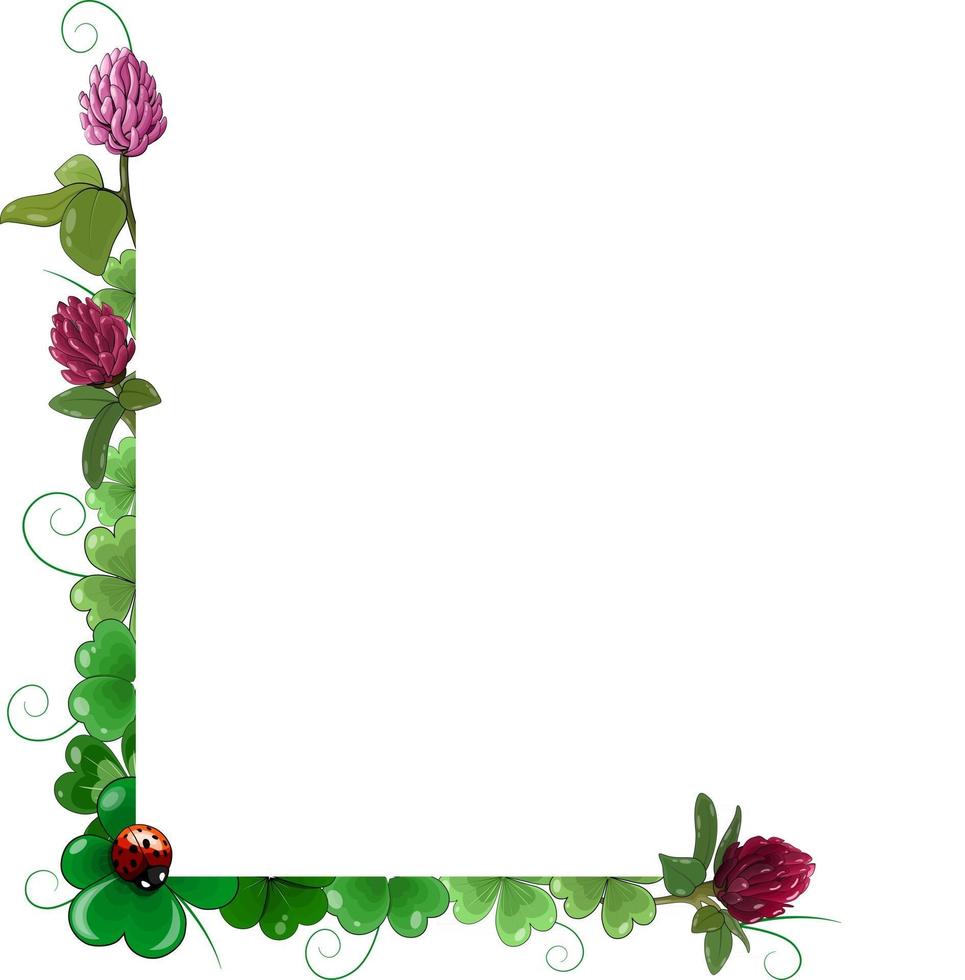 Vector corner frame of shamrocks clover flowers and ladybirds Patricks Day border has a place for text