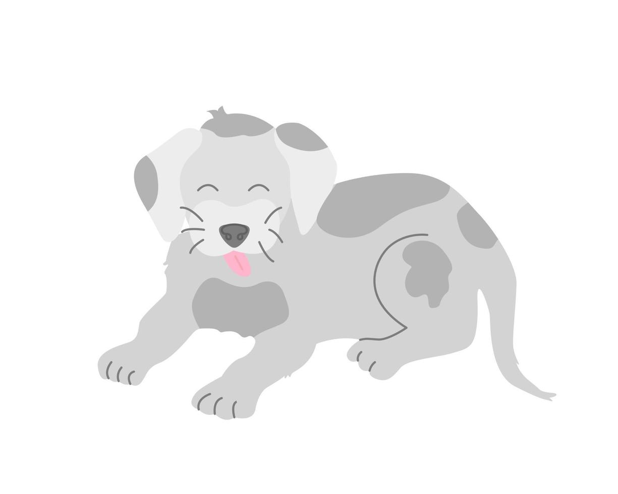 lindo, divertido, gris, manchado, perrito, perro, acostado, en, un, fondo blanco, vector, imagen, en, caricatura, plano, estilo, decoración para niños, carteles, postales, ropa, y, decoración interior vector