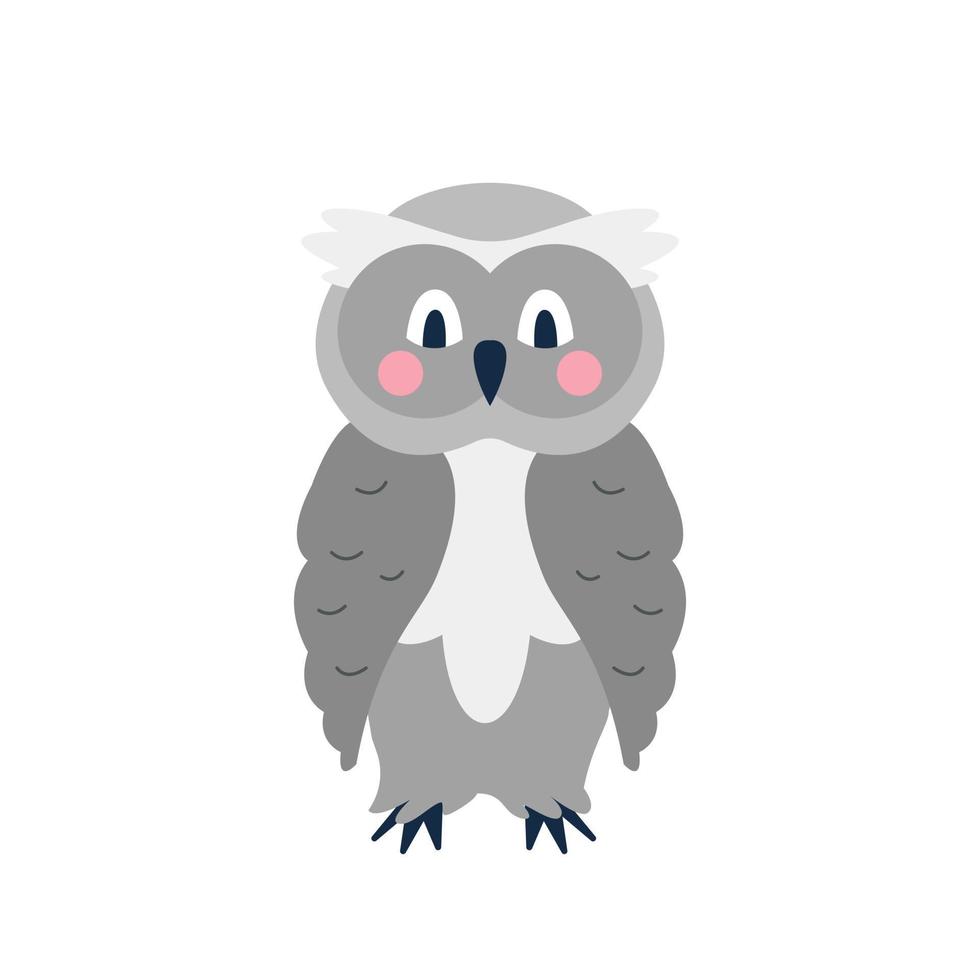 Cute funny grey owl on white background Vector image in cartoon flat style Decor for childrens posters postcards clothing and interior decoration