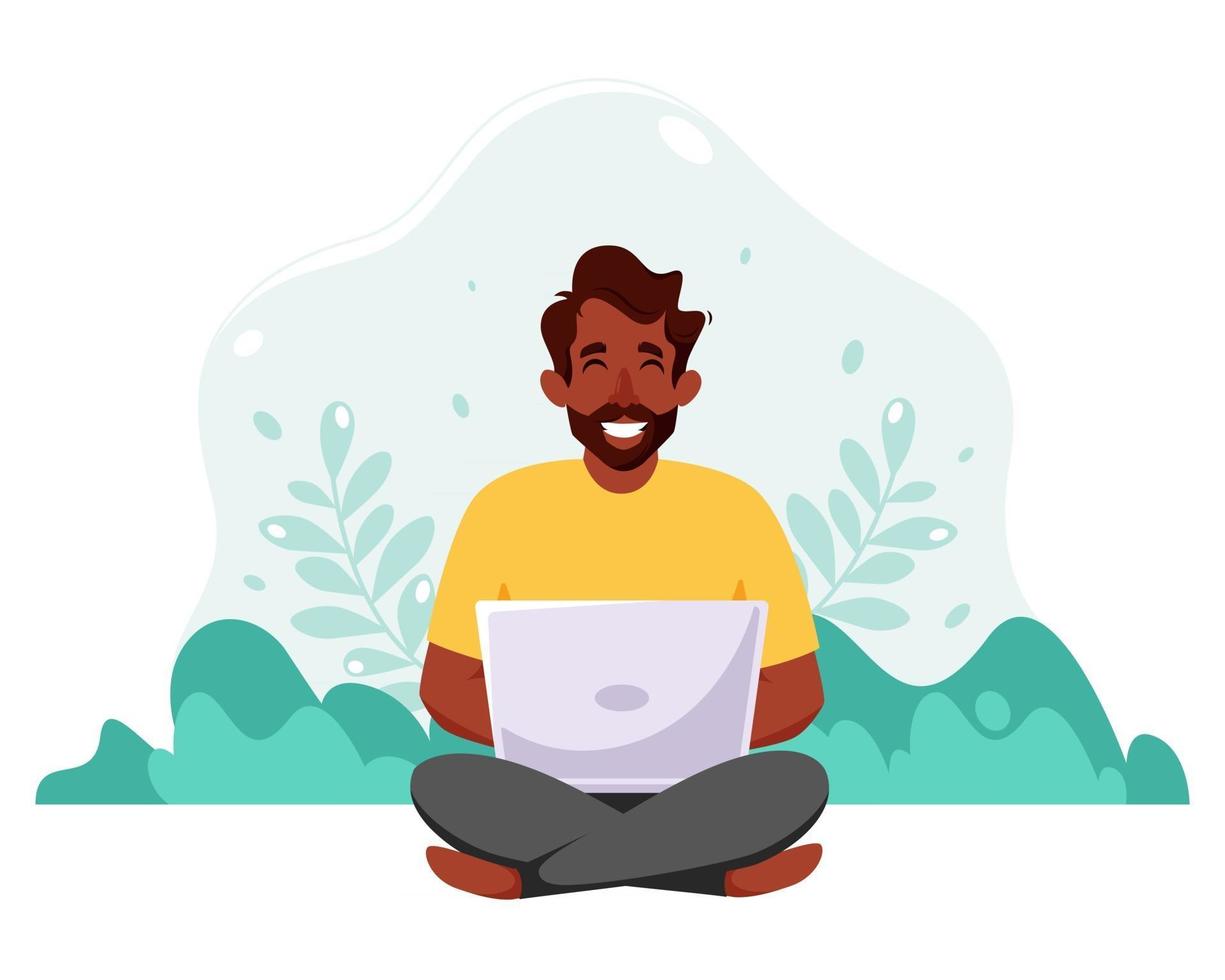 Black man sitting with laptop Freelance or remote work or online studying concept vector