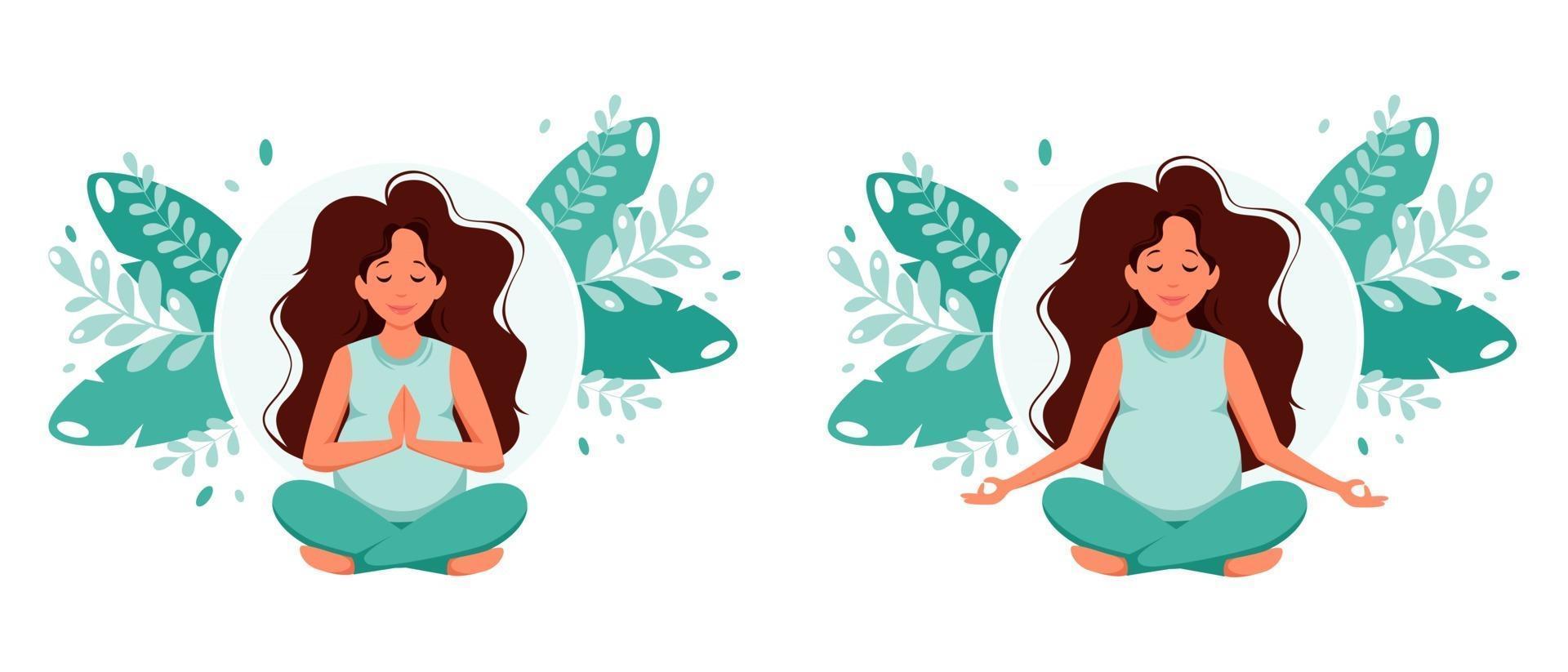 Pregnant caucasian woman meditating in lotus pose Pregnancy health concept vector