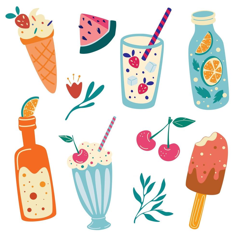 Summer food and drinks Watermelon cherry ice cream lemonade soda milkshake Summer vacation Cute hand drawn set Beach party icons Good for web banners posters cards Vector illustration