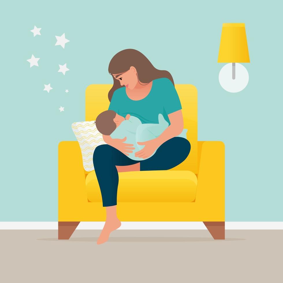 Mother breastfeeds baby sitting on a armchair at home vector