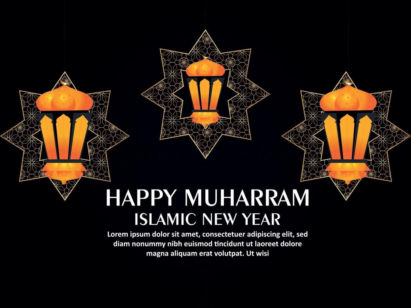 Happy muharram islamic new year celebration background with golden lantern on pattern background vector