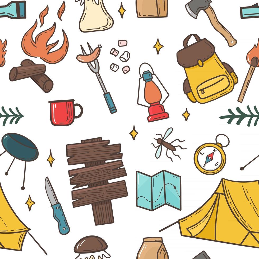 Camping and hiking elements seamless pattern vector