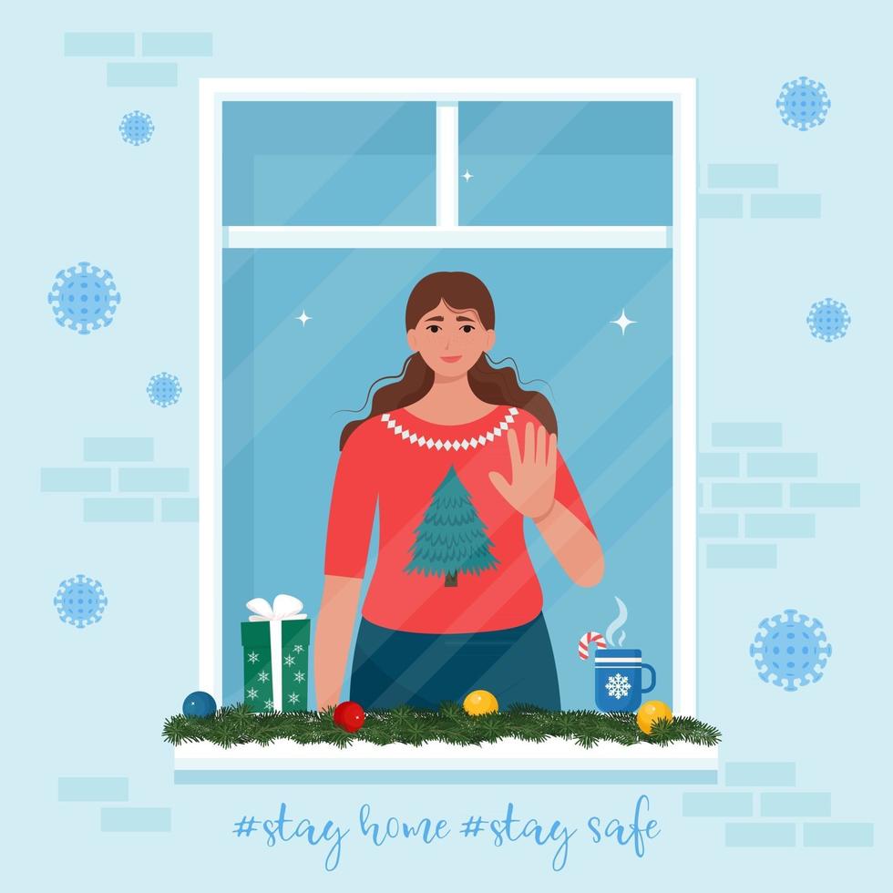 Happy woman looking from window vector