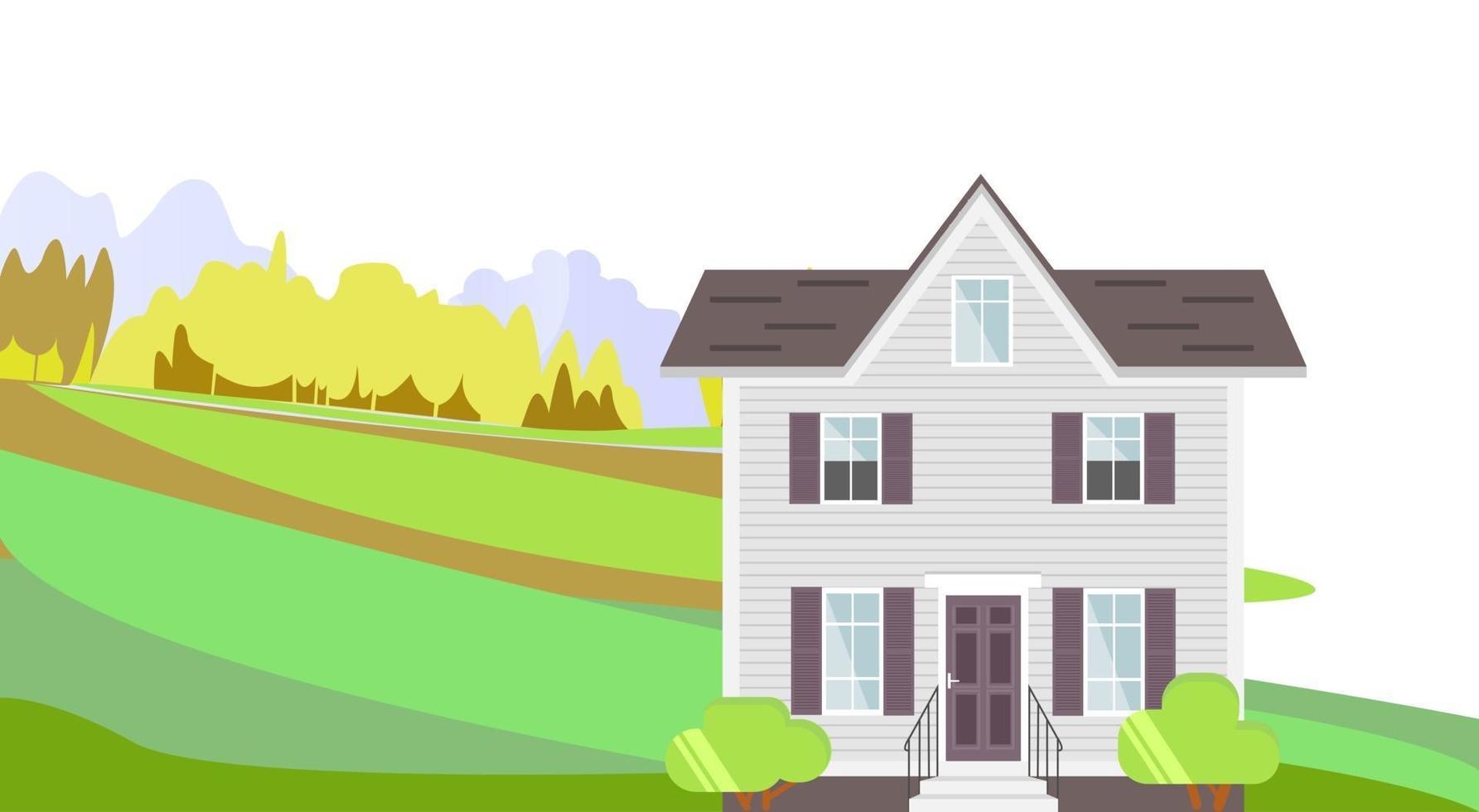 Two Storey House Flat Design Landscape Vector Architecture Illustration