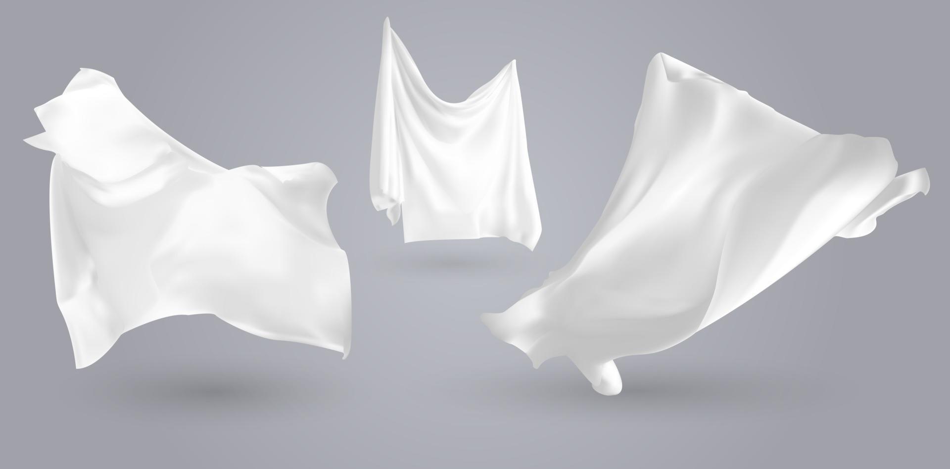 conjunto de telas blancas que revolotean realistas, material claro y ligero suave aislado en la ilustración de vector de fondo gris