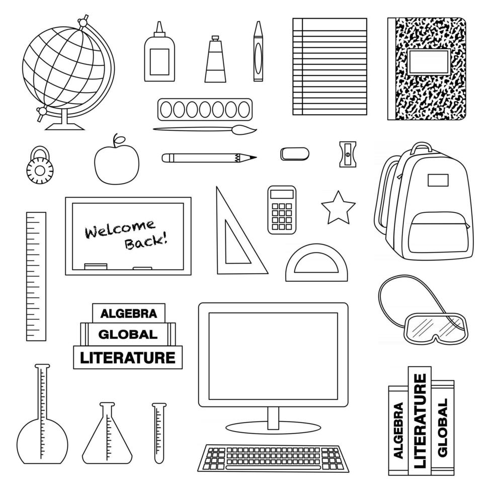 school supplies black outline digital stamps vector