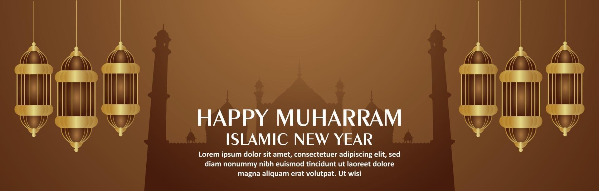 Islamic festival happy muharram celebration banner with golden lantern vector