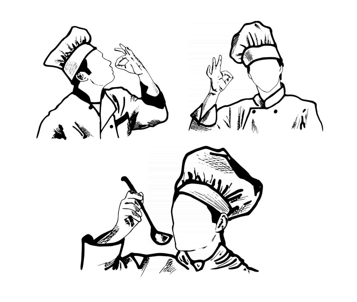 Black and white doodle sketch of chefs wearing traditional toques in cartoon style vector
