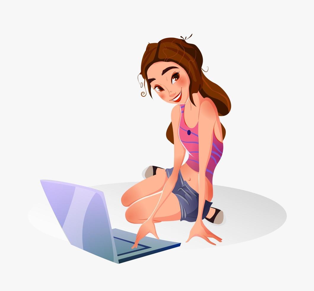 Businesswoman and cute blogger girl with laptop Colored vector illustration