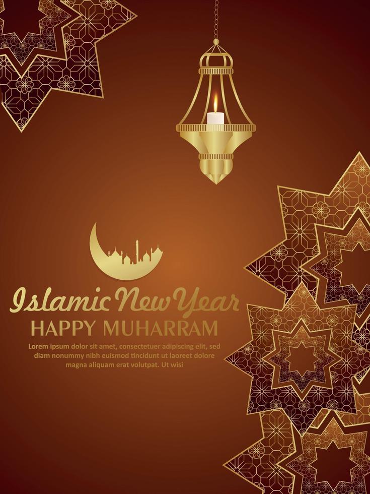Folleto de fiesta de año nuevo islámico con fondo de patrón y linterna árabe y luna vector