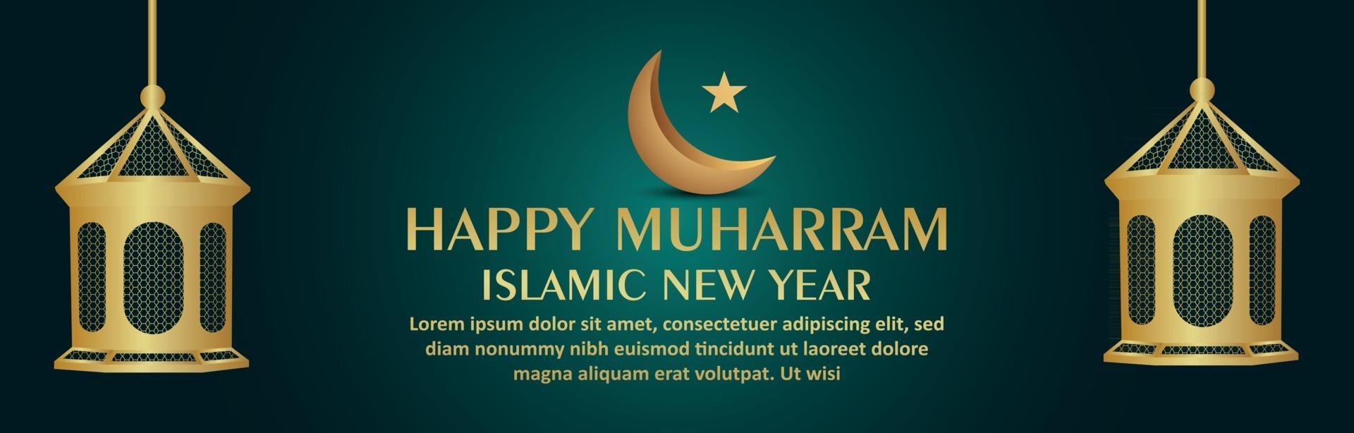 Islamic new year happy muharram celebration banner with islamic golden lantern and moon vector