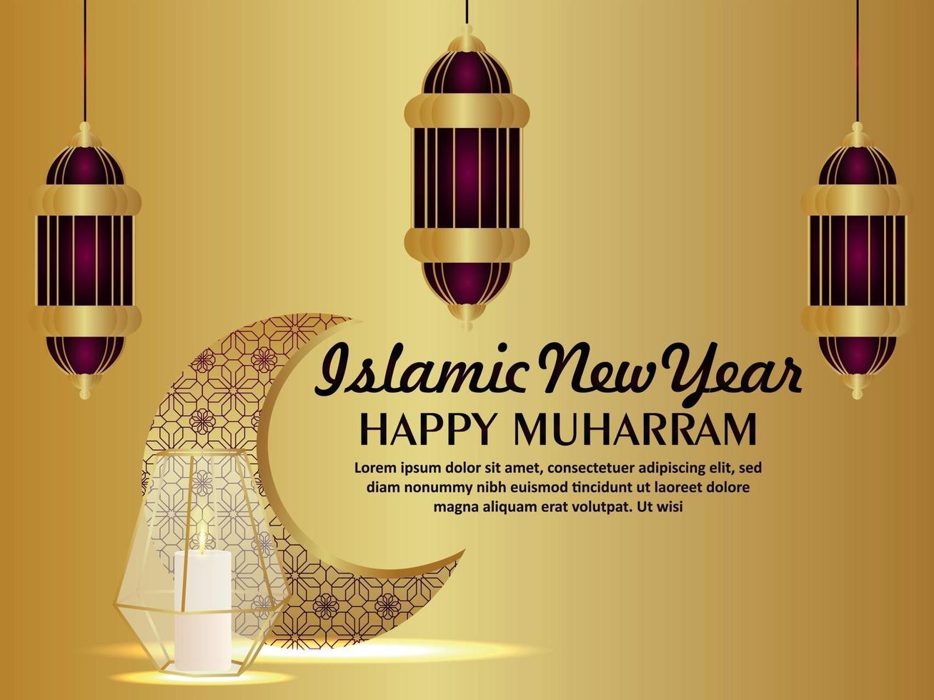 Happy muharram celebration greeting card with islamic lantern on pattern background vector