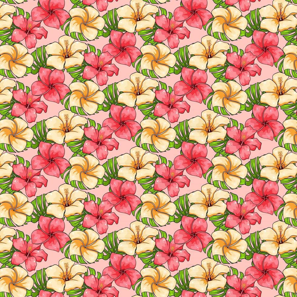 patrón tropical con plantas exóticas, flores y hojas en estilo de dibujos animados vector