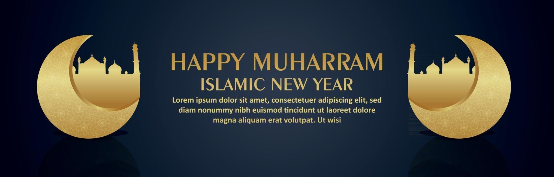 Happy muharram celebration banner or header with golden moon and mosque vector