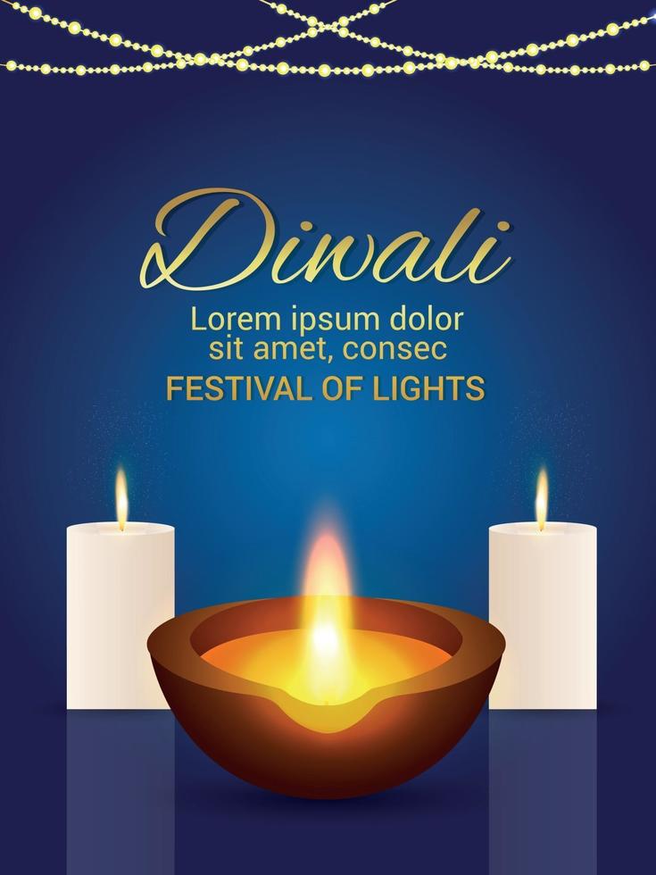 Folleto de celebración del festival indio de diwali con diwali diya y vela vector