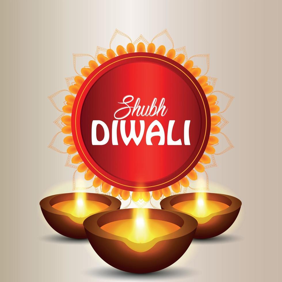 feliz diwali festival of light celebración tarjeta de felicitación con diwali diya vector