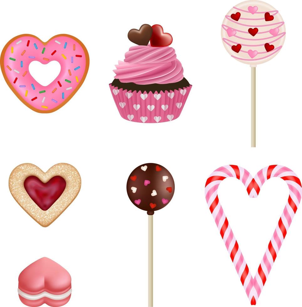 conjunto de postres románticos con corazones vector